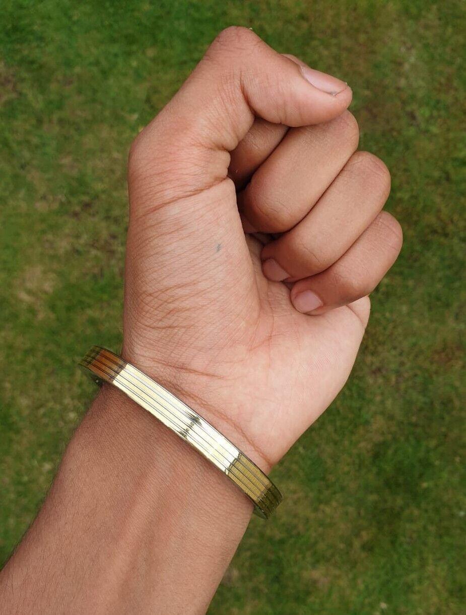 Stainless Steel Flat Kara with Smooth Brass Lines Sikh Kada Singh Kaur Bangle N11R