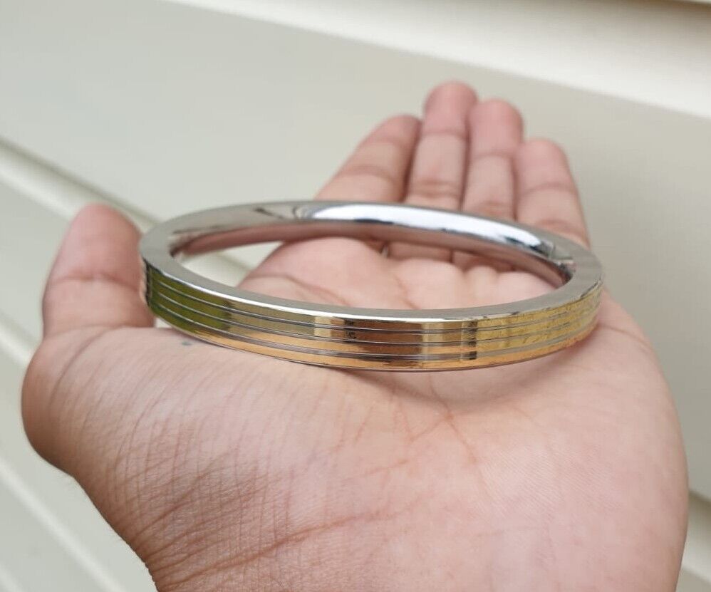 Stainless Steel Flat Kara with Smooth Brass Lines Sikh Kada Singh Kaur Bangle N11R
