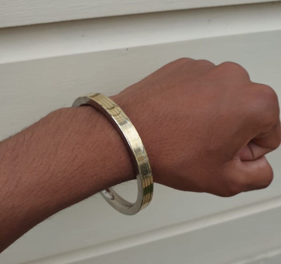 Stainless Steel Flat Kara with Smooth Brass Lines Sikh Kada Singh Kaur Bangle N11R