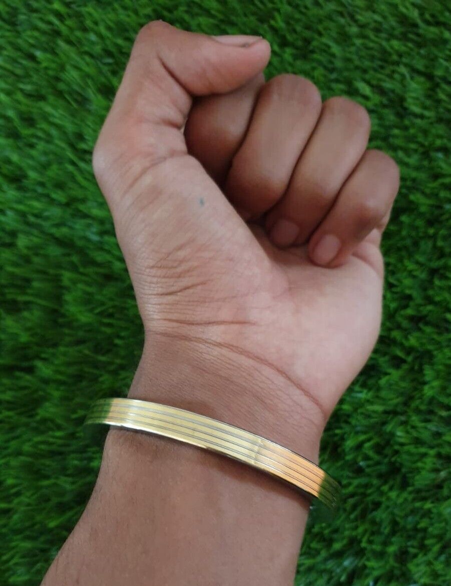 Stainless Steel Flat Kara with Smooth Brass Lines Sikh Kada Singh Kaur Bangle N11R