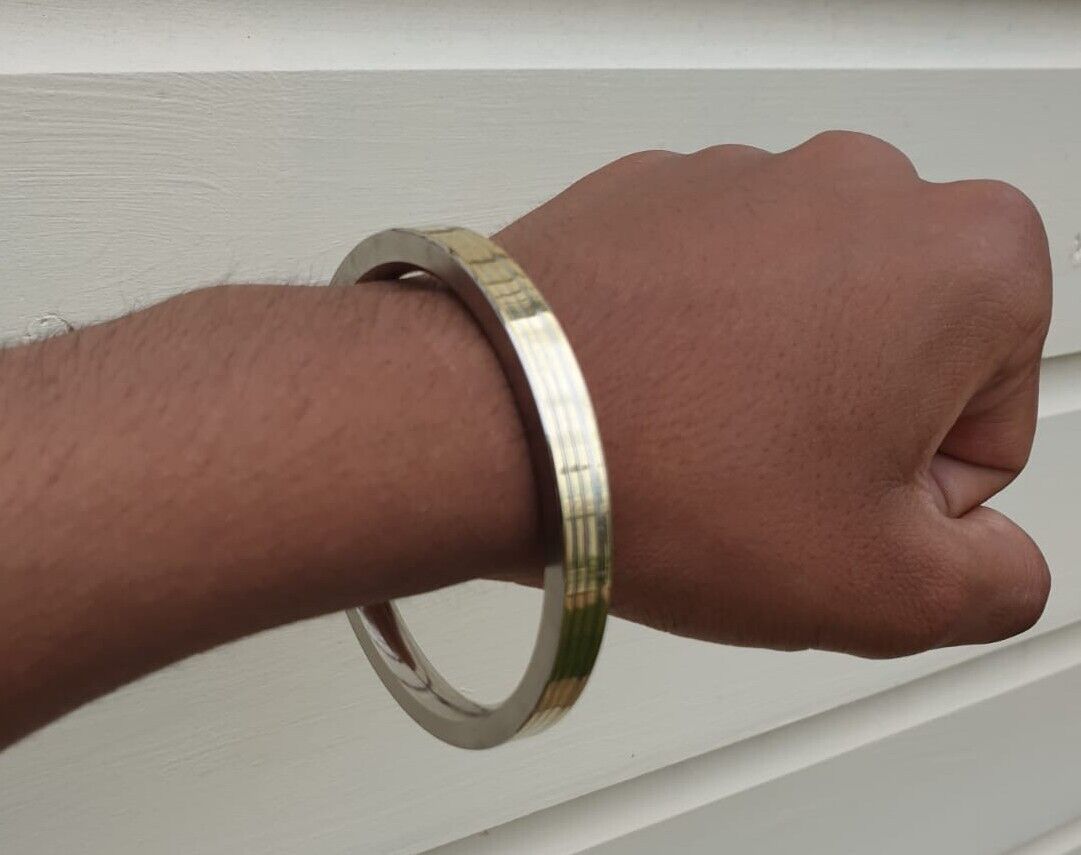 Stainless Steel Flat Kara with Smooth Brass Lines Sikh Kada Singh Kaur Bangle N11R