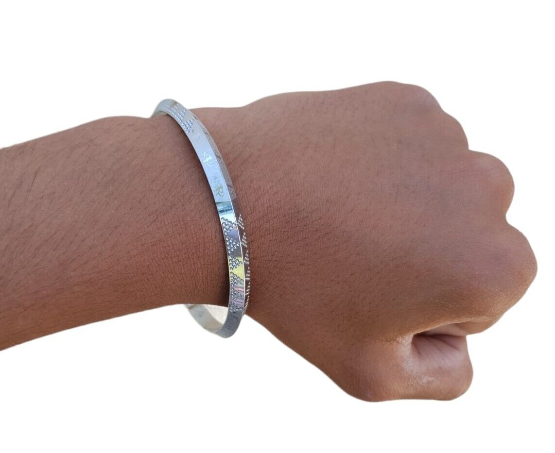 Silver Plated Kara Laser Engraved Khanda kada Sikh Singh Kaur Khalsa Bangle R11