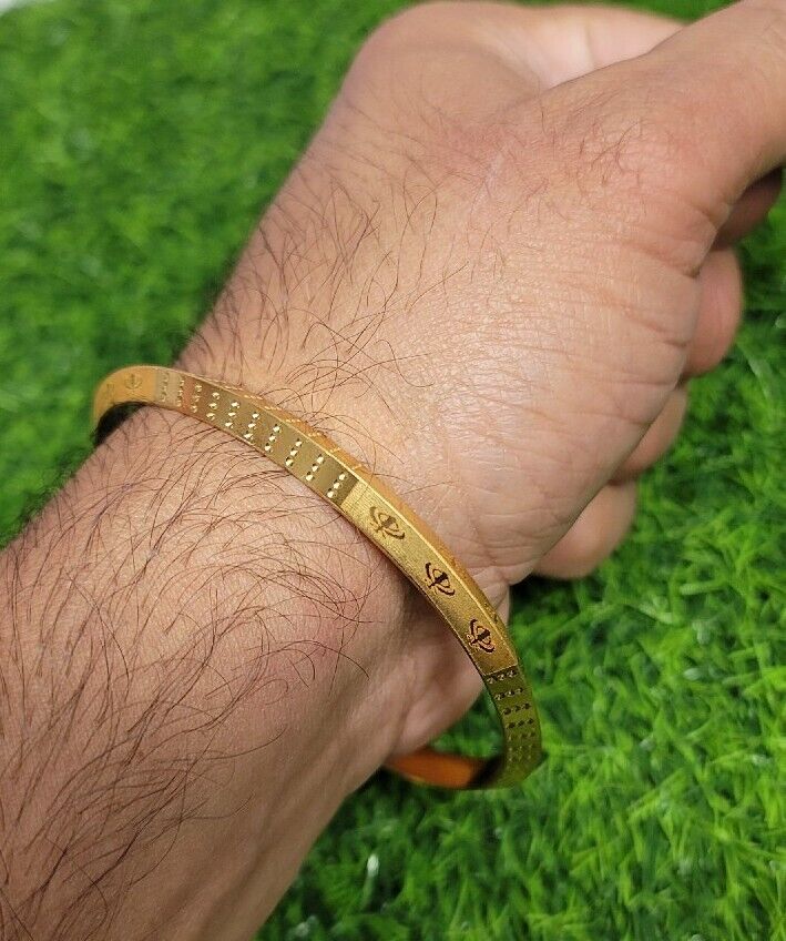Gold Plated Kara Laser Engraved Khanda kada Sikh Singh Kaur Khalsa Bangle R12