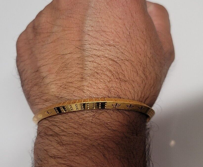 Gold Plated Kara Laser Engraved Khanda kada Sikh Singh Kaur Khalsa Bangle R12