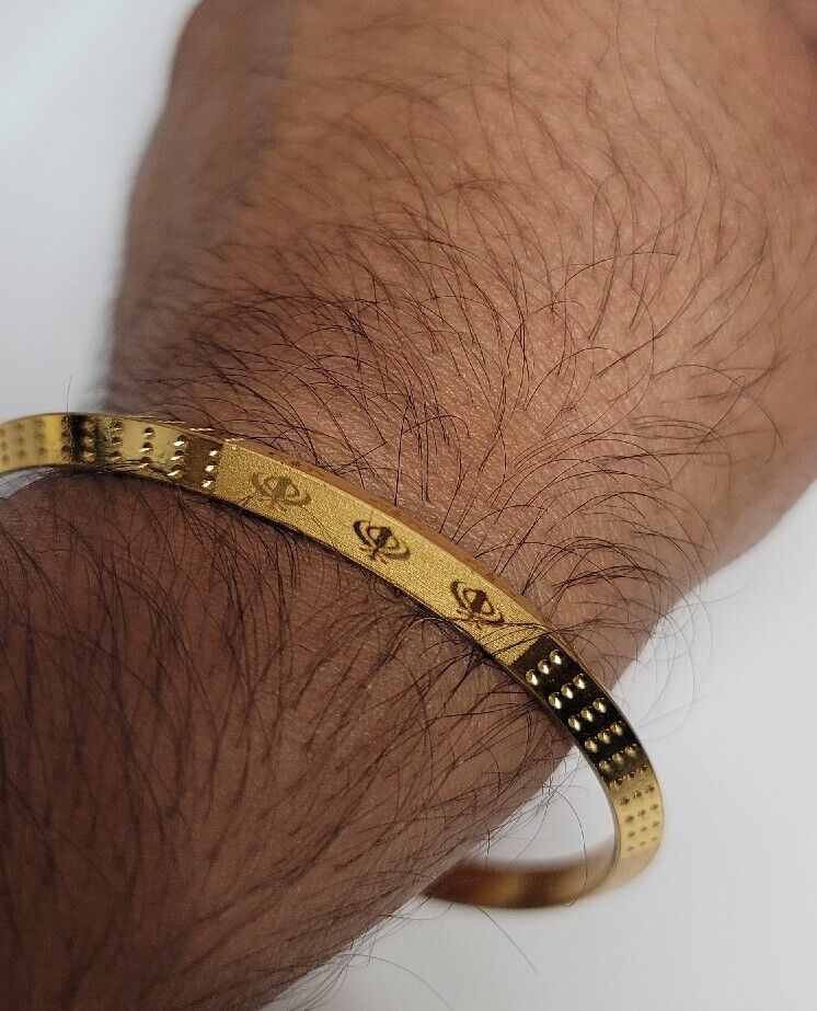 Gold Plated Kara Laser Engraved Khanda kada Sikh Singh Kaur Khalsa Bangle R12