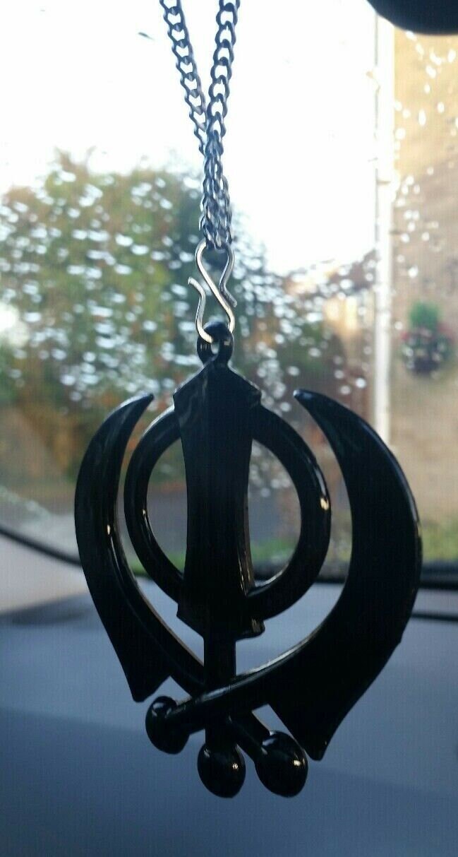 Large black acrylic khanda punjabi sikh pendant car rear mirror hanging chain