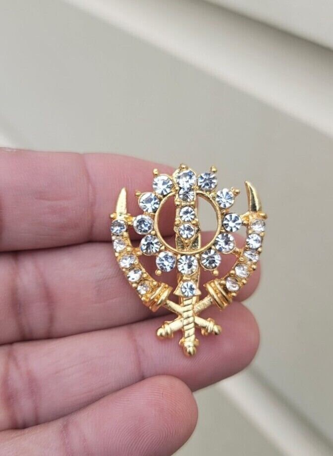 Khanda brooch gold plated stunning diamonte sikh king pin singh kaur broach n1