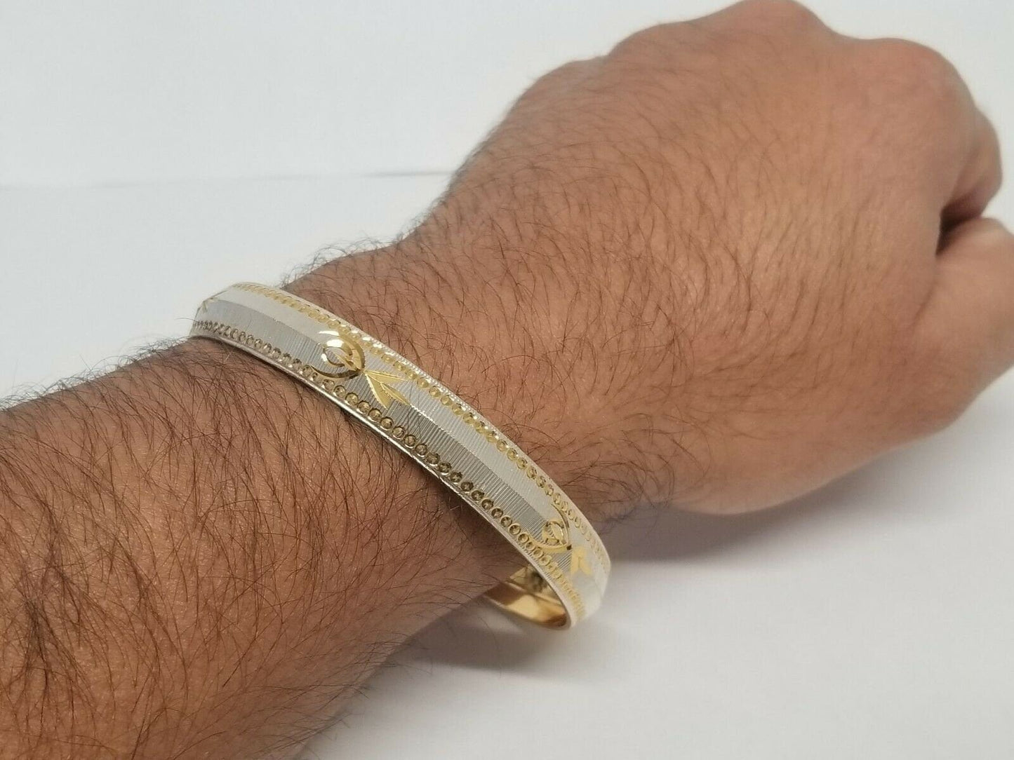 Silver gold plated laser engraved khandas sikh singh kaur khalsa kara bangle p1