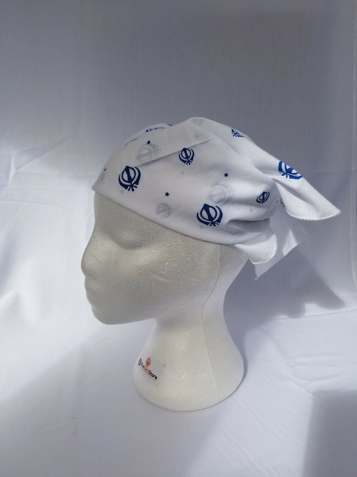 White Blue Khanda Rumal Sikh Head Wrap Bandana Punjabi Cloth Handkerchief UK