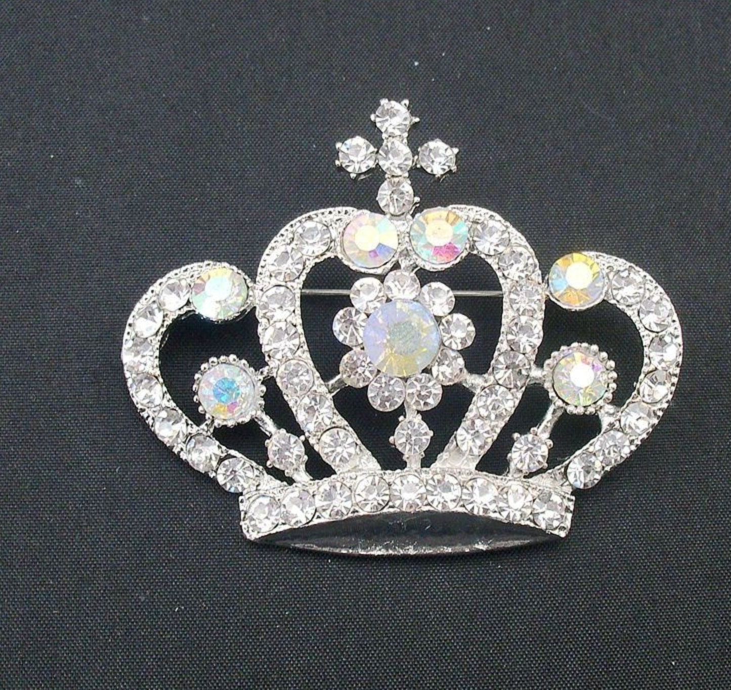 Crown brooch stunning vintage look silver plated stones royal design broach u18