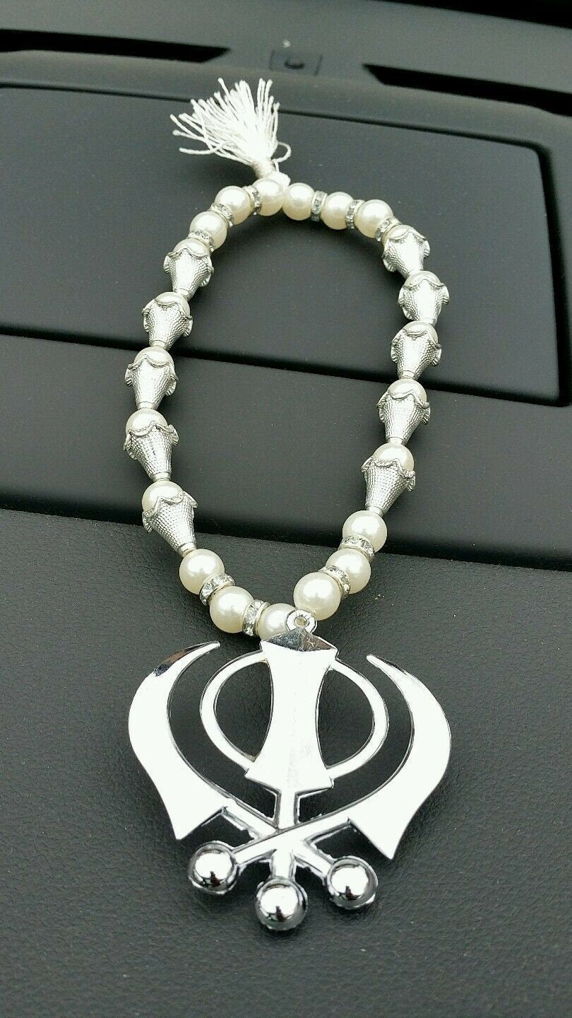 Silver plated punjabi sikh large khanda pendant car hanging white pearl beads
