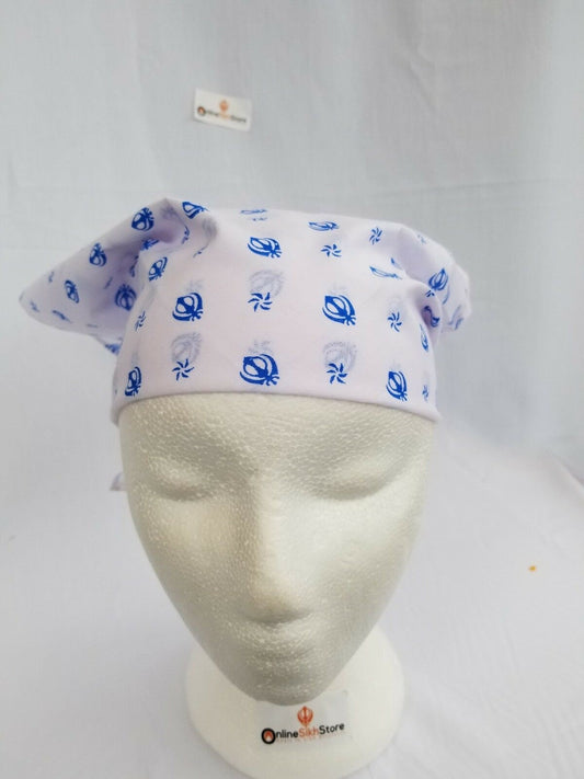 Sikh punjabi kaur white blue khanda bandana head wrap gear rumal handkerchief