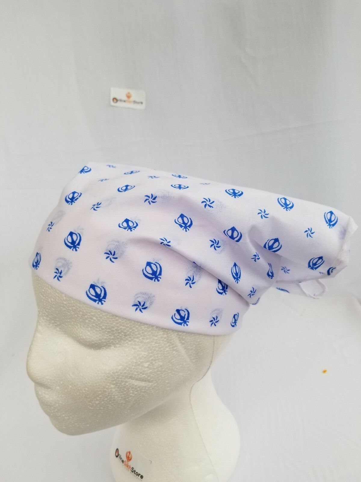 Sikh punjabi kaur white blue khanda bandana head wrap gear rumal handkerchief