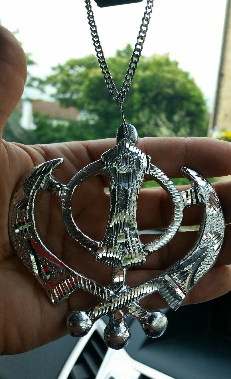 Wide silver aluminium khanda punjabi sikh pendant car rear mirror hanging chain