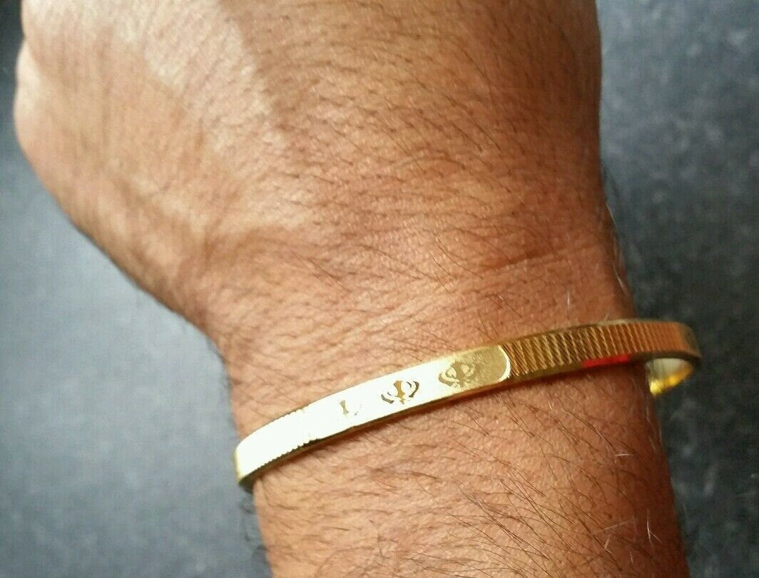 Sikh Kara Gold Plated Laser engraved Khanda Singh Karra Khalsa Kada Bangle QE2