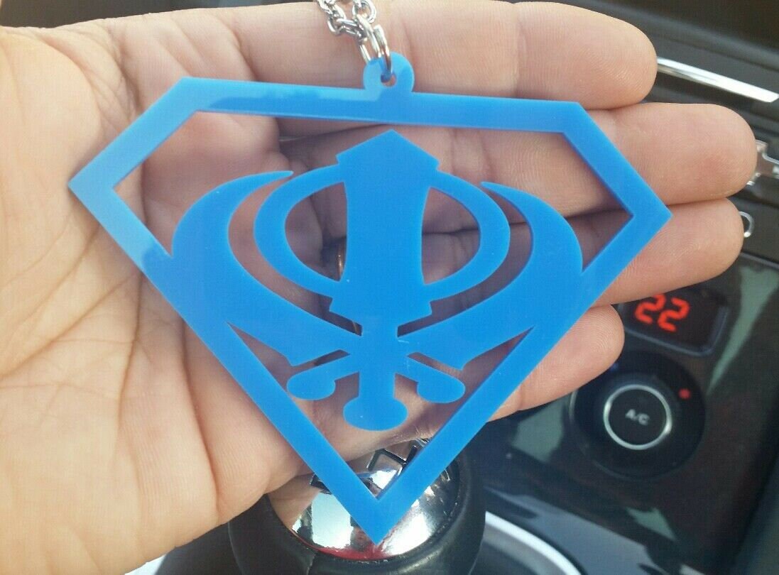 Blue acrylic khanda punjabi sikh singh pendant car rear mirror hanging chain