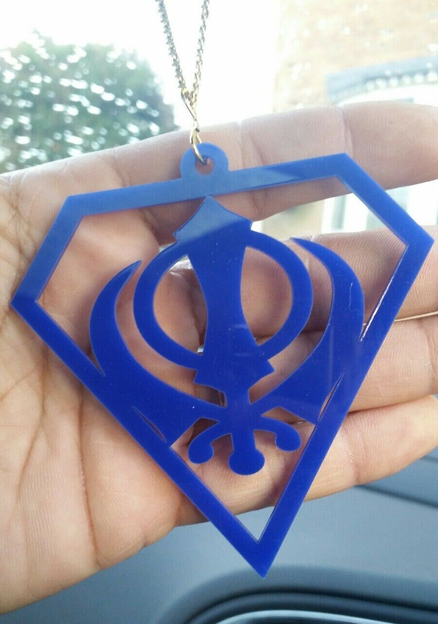 Blue acrylic khanda punjabi sikh pendant singh car rear mirror hanging chain new