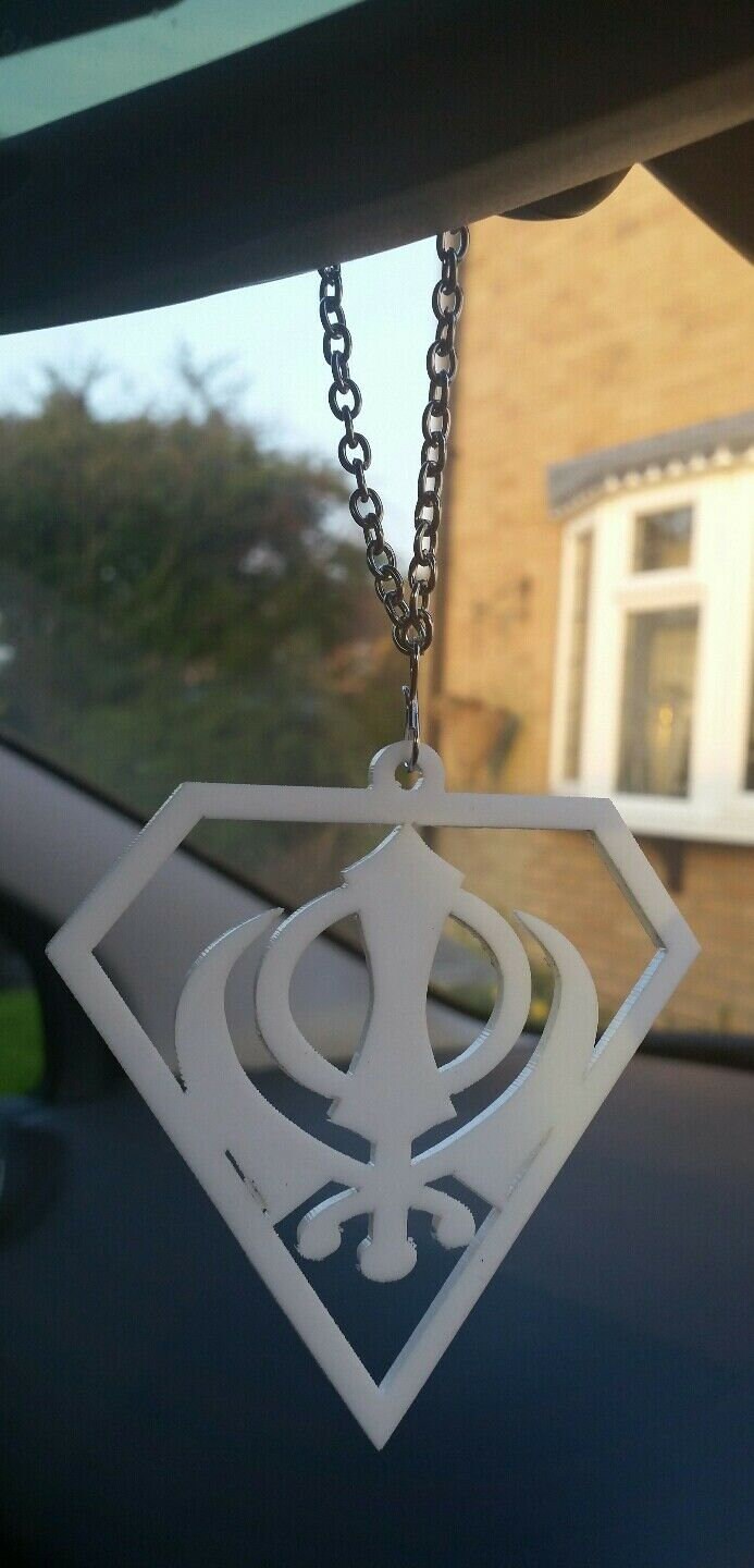 White Acrylic Khanda Punjabi Sikh Pendant Singh Kaur Car Mirror Hanging chain