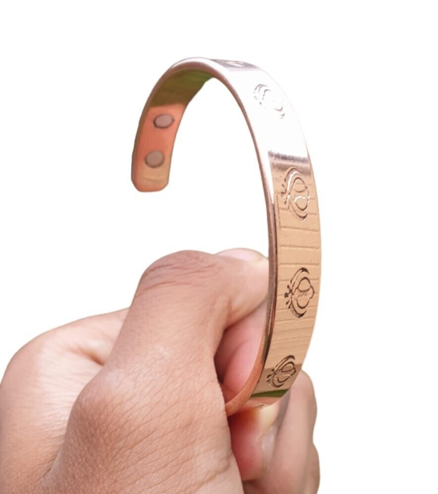 Magnet Copper Kara Khanda Engraved Sikh Kada Adjustable Bangle Hindu Tamba V33R