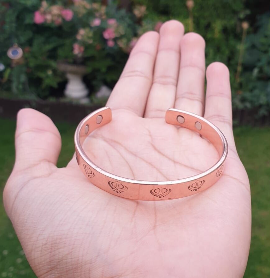 Magnet Copper Kara Khanda Engraved Sikh Kada Adjustable Bangle Hindu Tamba V33R