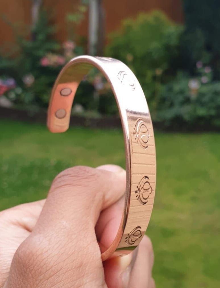 Magnet Copper Kara Khanda Engraved Sikh Kada Adjustable Bangle Hindu Tamba V33R