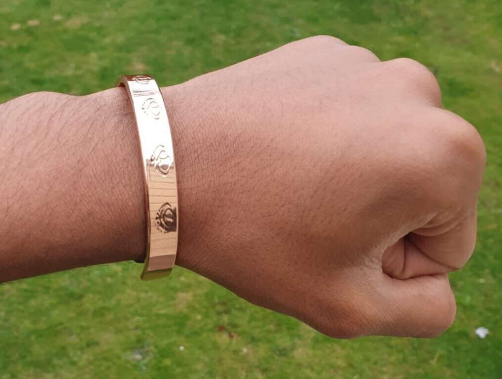 Magnet Copper Kara Khanda Engraved Sikh Kada Adjustable Bangle Hindu Tamba V33R