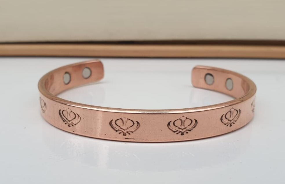 Magnet Copper Kara Khanda Engraved Sikh Kada Adjustable Bangle Hindu Tamba V33R