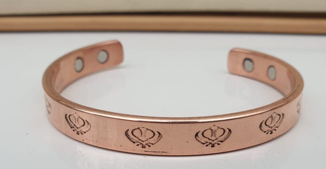 Magnet Copper Kara Khanda Engraved Sikh Kada Adjustable Bangle Hindu Tamba V33R
