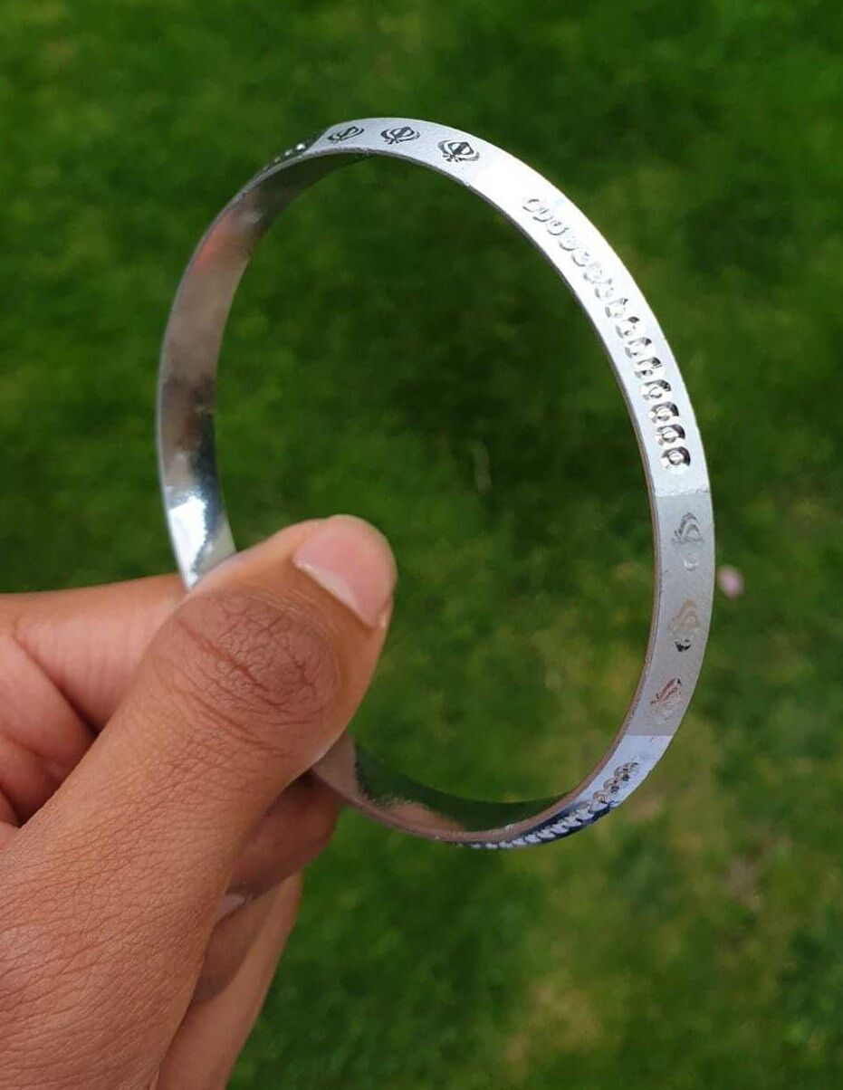 Silver Plated Kara Laser Engraved Khanda Kada Sikh Singh Kaur Khalsa Bangle CC35