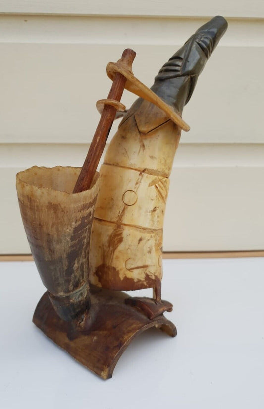 Vintage African Real Ox Horn Handmade Tribal Art old Statue Decorative Large L21