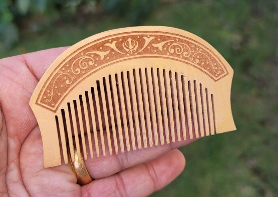 Sikh Comb Wooden Kanga Singh Kaur Kakar Khalsa 1 of 5 Ks Khanda engraved New PP3G
