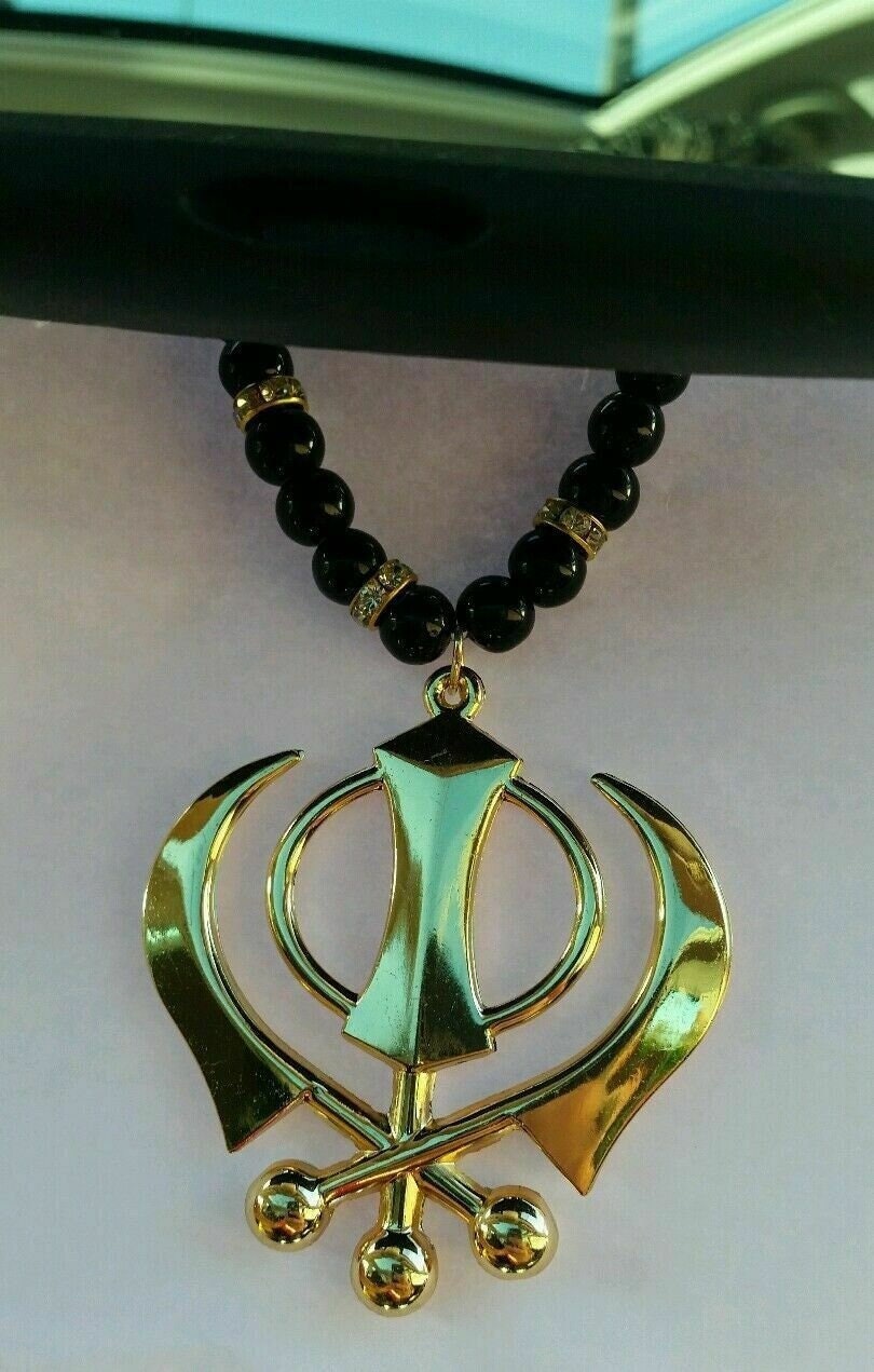 Sikh Khanda Car Hanging Gold Plated Pendant Rear Mirror Decor Punjabi beads Mala RR4