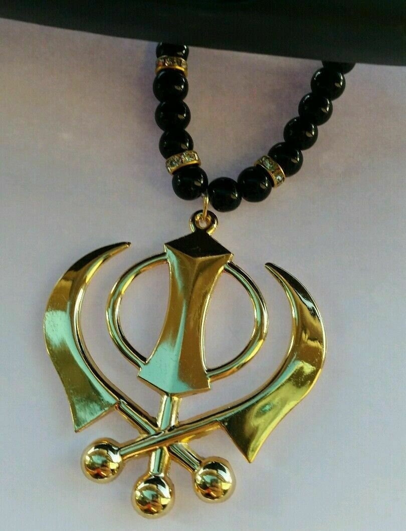 Sikh Khanda Car Hanging Gold Plated Pendant Rear Mirror Decor Punjabi beads Mala RR4