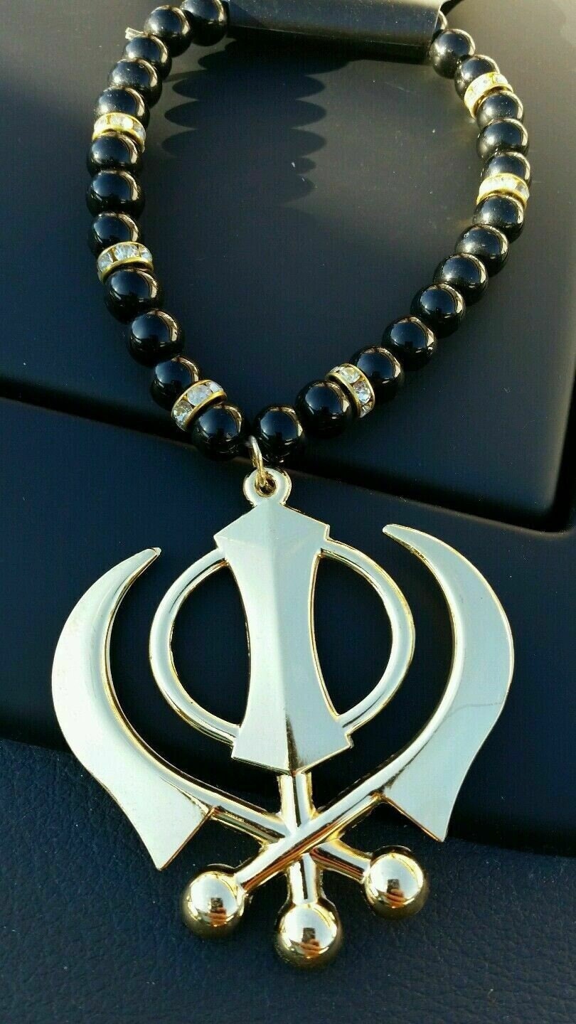 Sikh Khanda Car Hanging Gold Plated Pendant Rear Mirror Decor Punjabi beads Mala RR4