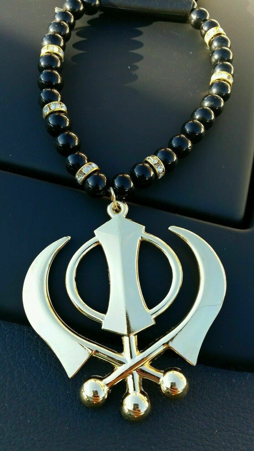 Sikh Khanda Car Hanging Gold Plated Pendant Rear Mirror Decor Punjabi beads Mala RR4