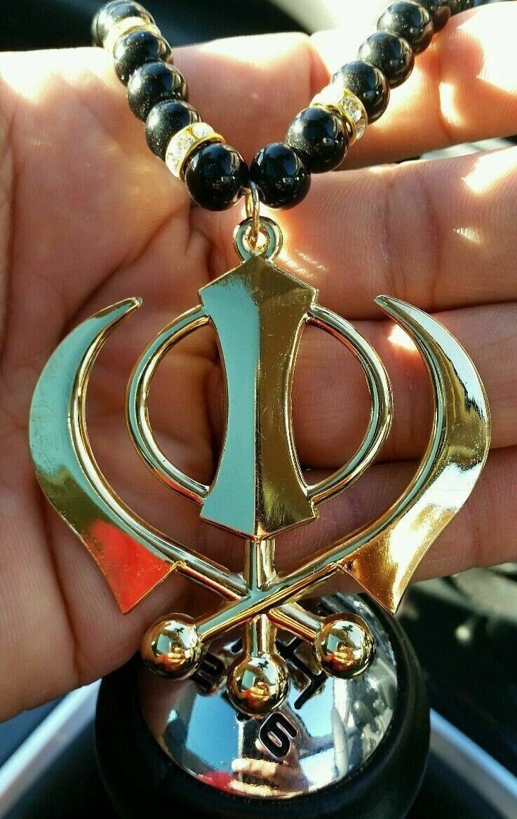 Sikh Khanda Car Hanging Gold Plated Pendant Rear Mirror Decor Punjabi beads Mala RR4