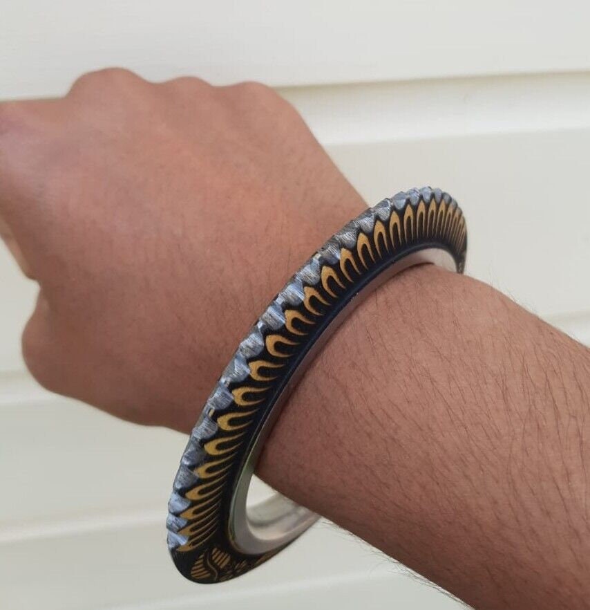 Sarbloh Tooth Kara Floral design Chakri Karha Punjabi Kada Sikh Singh Bangle N10R