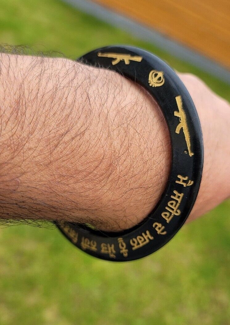 Sant Bhindranwale Kara Gurmukhi Black Gold Sarbloh Kada Sikh Singh Bangle EE12G