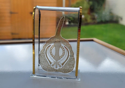 Sikh Khanda Pippal Leaf Stand Gold Plated Desktop Car Dashboard Blessing Luck OF