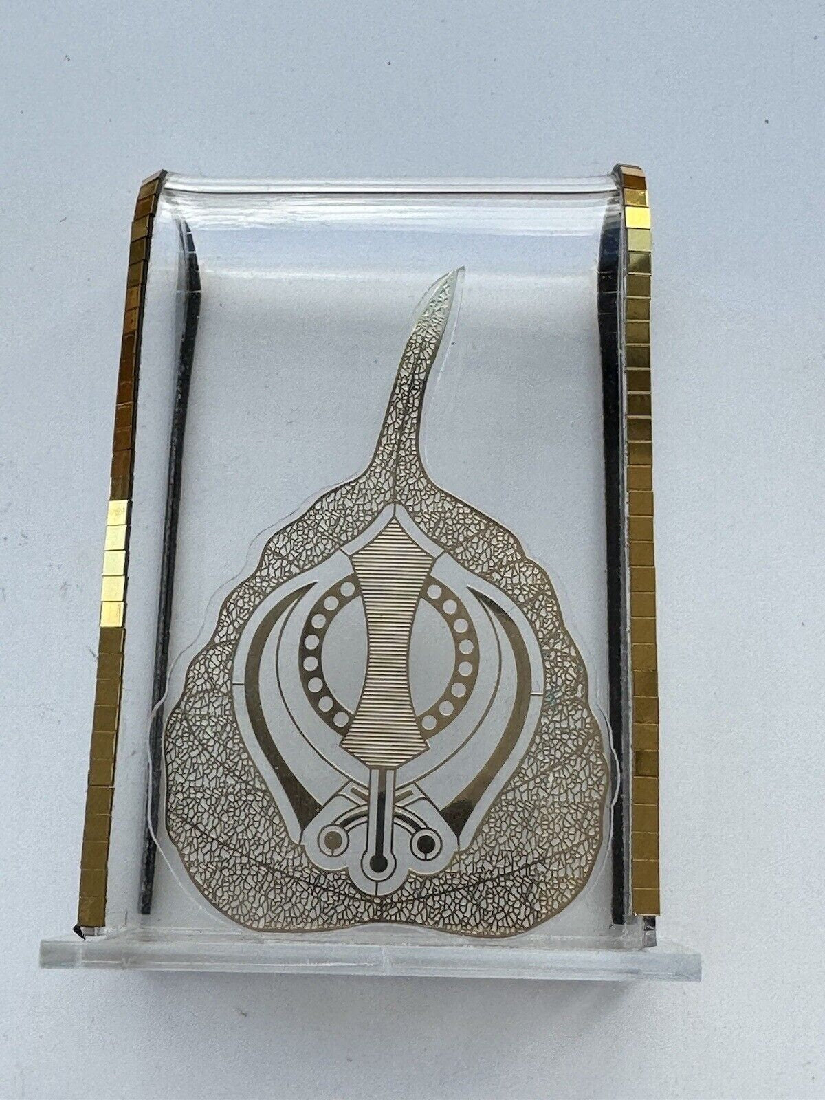 Sikh Khanda Pippal Leaf Stand Gold Plated Desktop Car Dashboard Blessing Luck OF