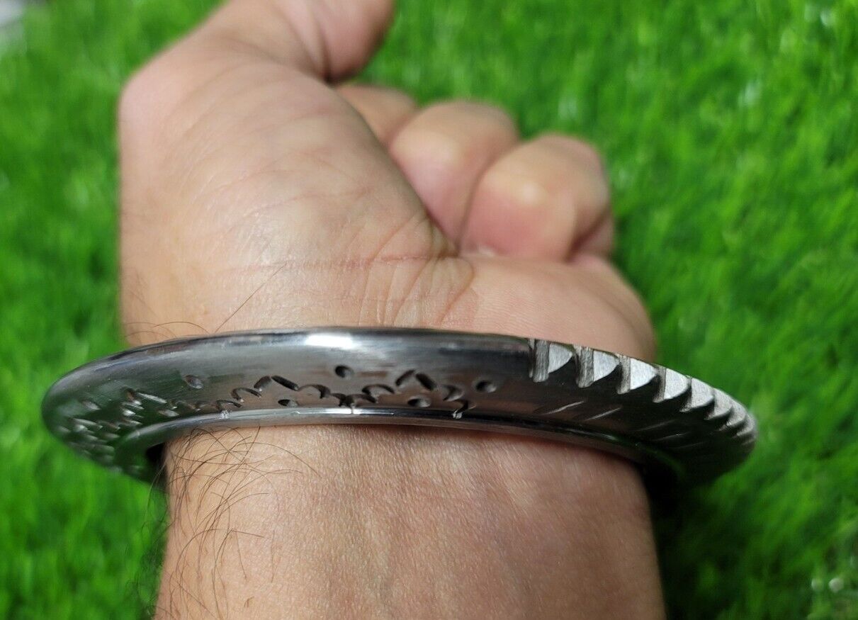 Sarbloh Toothing Edge Chakri Kara Floral Engraved Heavy Kada Sikh Khalsa Bangle Pure Iron OG4 New