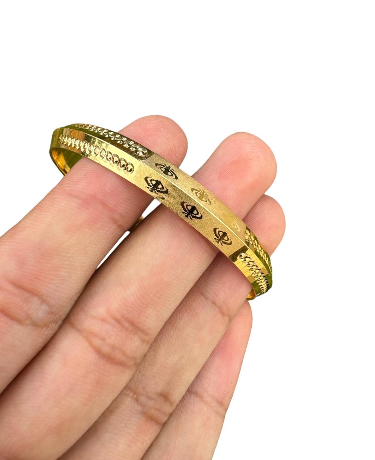 Sikh Khanda Kara Laser Engraved Gold Plated Bangle Edged Kada Singh Kaur S31 NEW