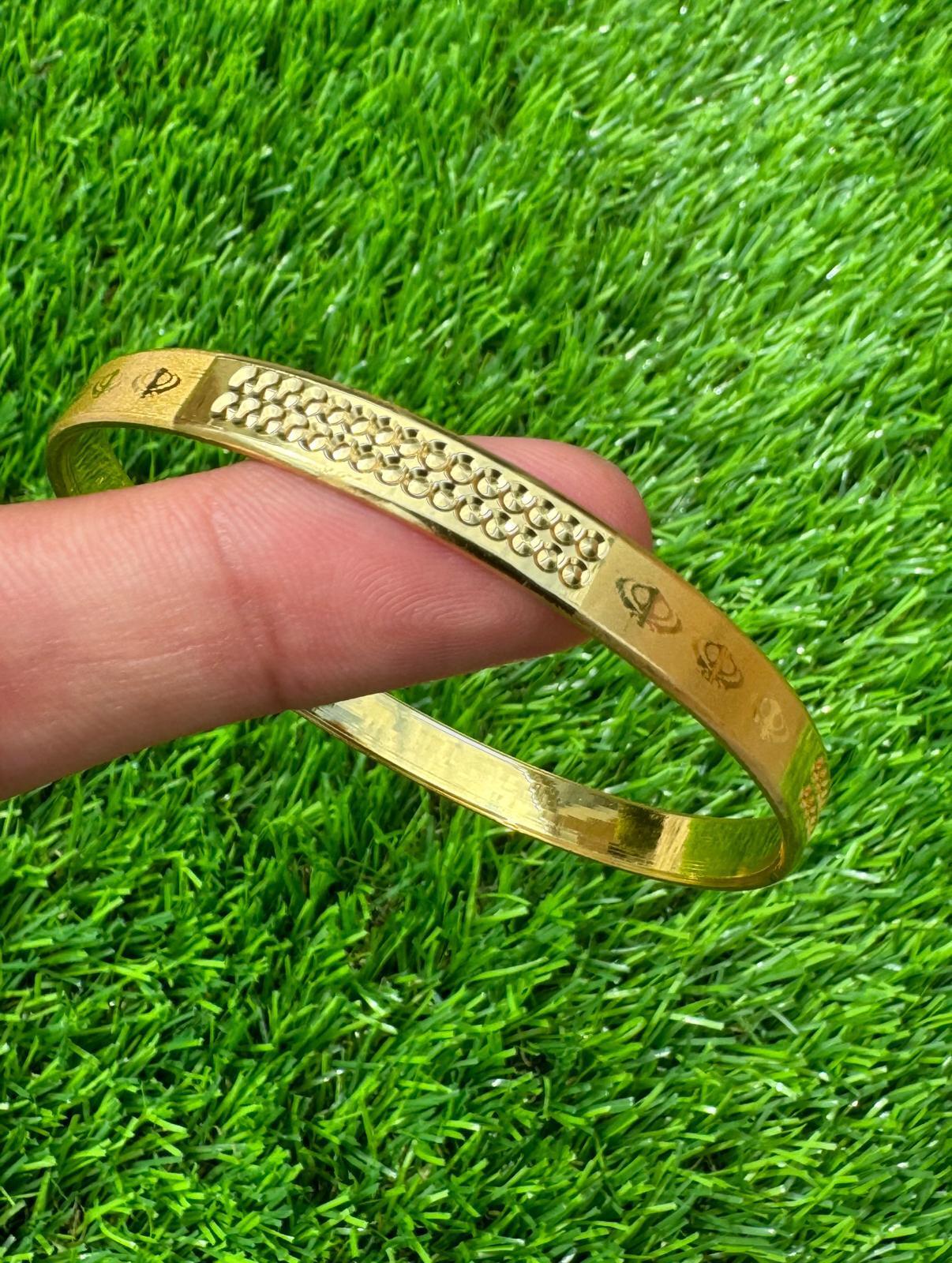 Sikh Khanda Kara Laser Engraved Gold Plated Bangle Smooth Kada Singh Kaur S33