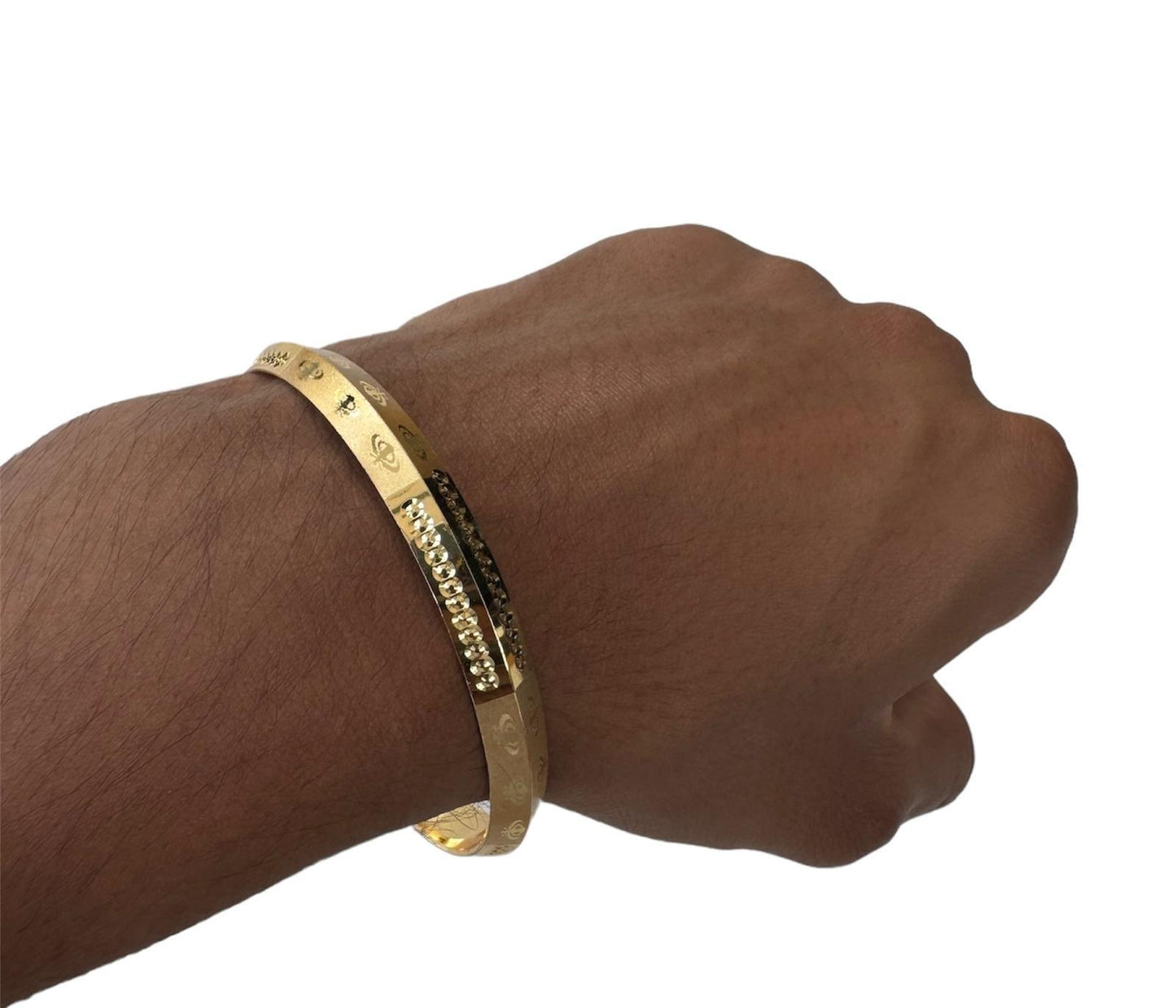 Sikh Khanda Kara Laser Engraved Gold Plated Bangle Edged Kada Singh Kaur S31 NEW