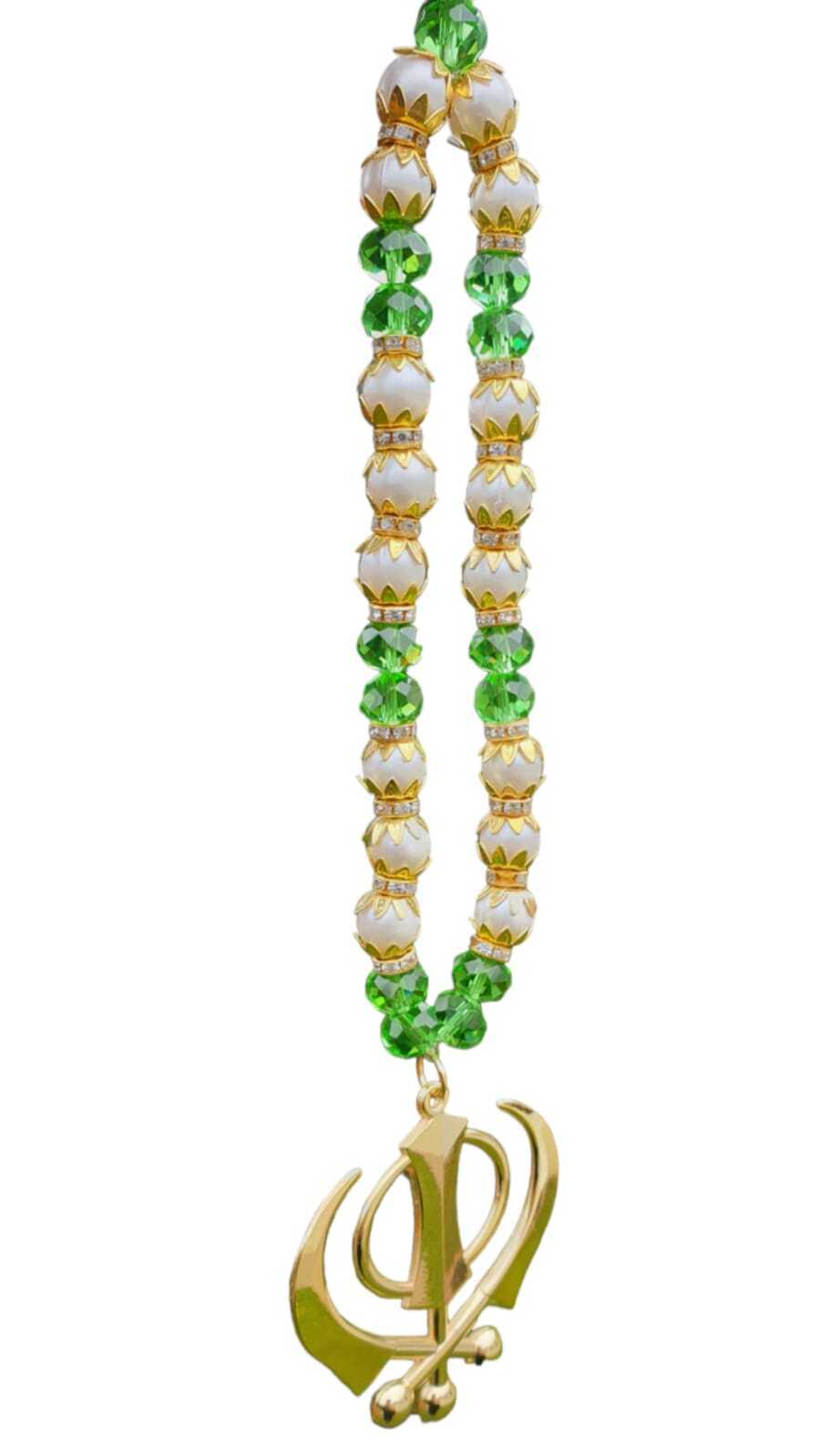 Gold Plated Khanda Beaded Mala Pendant Sikh Singh Kaur Car Mirror Hanger F37 NEW