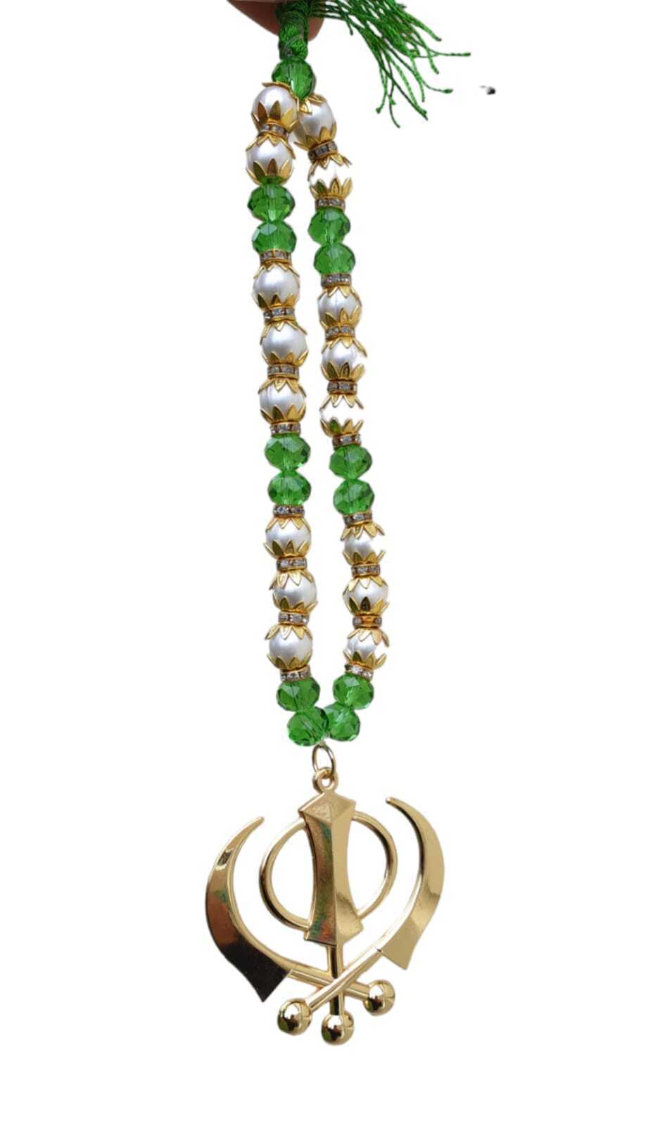 Gold Plated Khanda Beaded Mala Pendant Sikh Singh Kaur Car Mirror Hanger F37 NEW