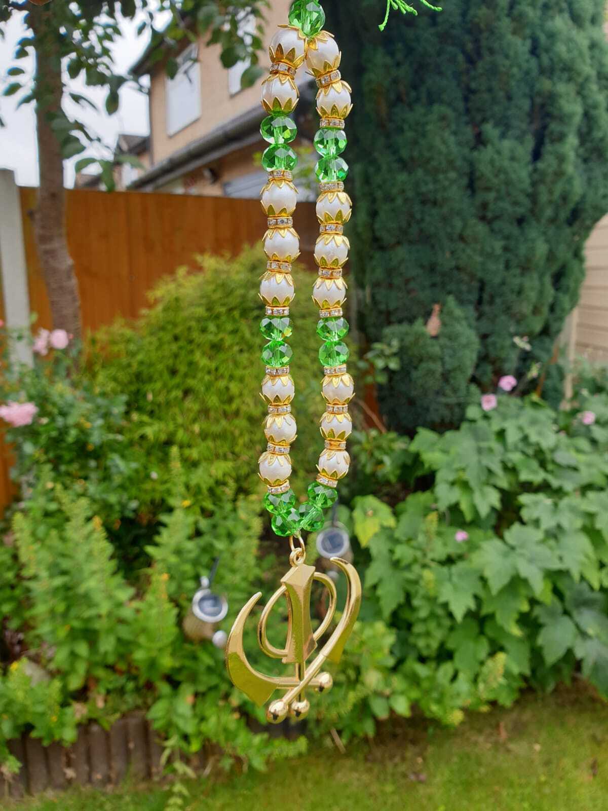 Gold Plated Khanda Beaded Mala Pendant Sikh Singh Kaur Car Mirror Hanger F37 NEW