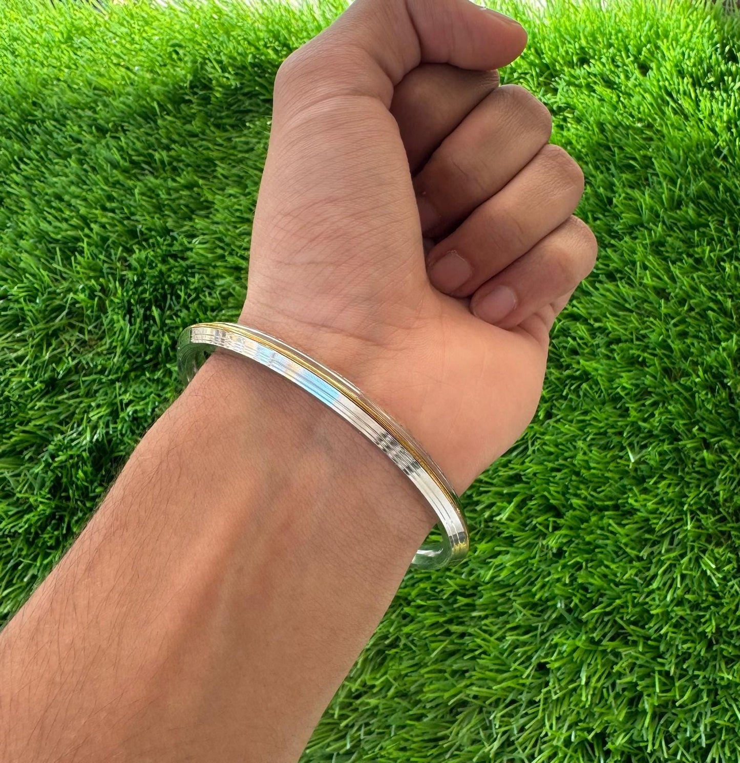 Sikh Kara Stainless Steel Bracelet Brass Line Kada Singh Kaur Khalsa Kakaar Punjabi Sikhism Bangle Karra Edged Design DD51