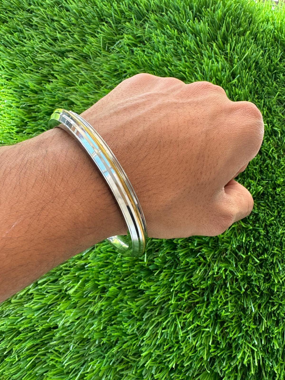 Sikh Kara Stainless Steel Thick Bracelet Brass Line Kada Singh Kaur Khalsa Kakaar Punjabi Sikhism Bangle Karra Edged Design DD52