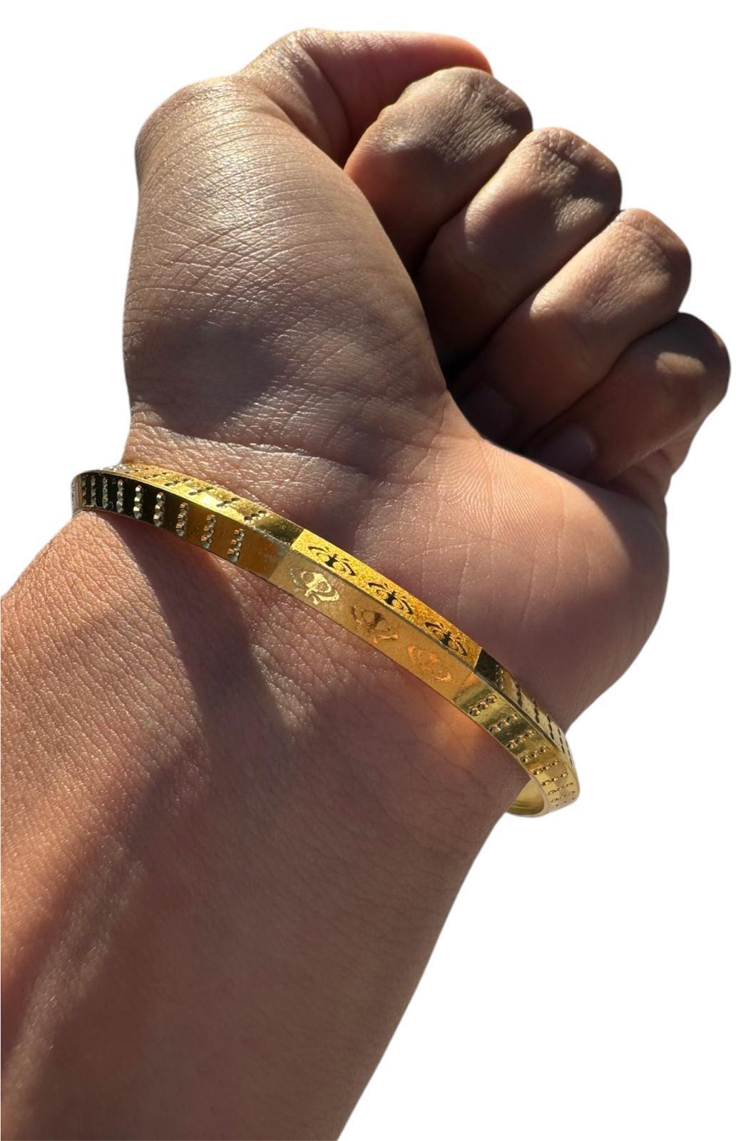 Sikh Kara Gold Plated Khanda Laser Engraved Bracelet Kada Singh Kaur Khalsa Kakaar Punjabi Sikhism One Edge Collar Bangle Karra Design DD61